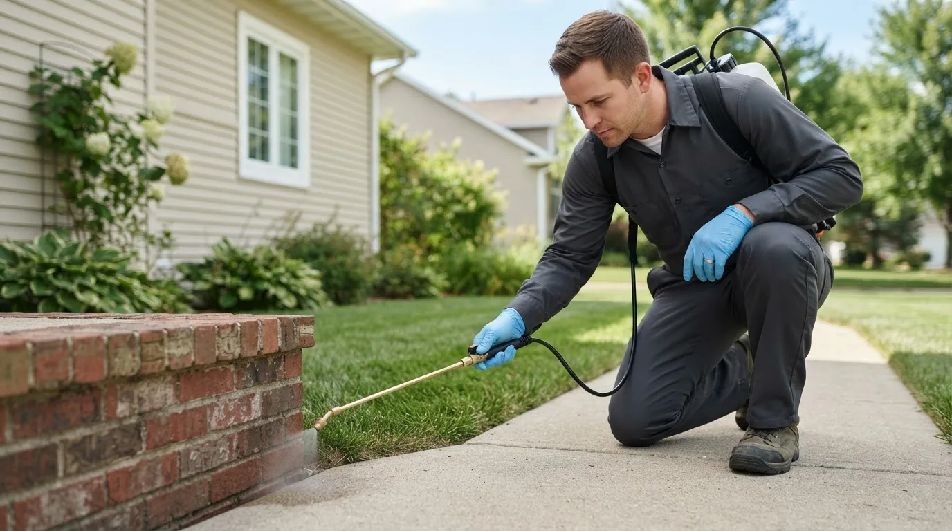 Pest control technician treating a home near Lawsonville, NC